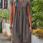 Knee Length Plain Crewneck Tunic Dress Ruched Short Sleeve Loose Pleated Sundress