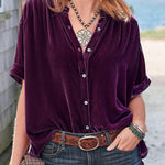 Velvet Solid Short Sleeve Round Neck Single Breasted Shirt