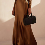 Long Sleeves Loose Pleated Shiny Solid Color Split-Joint Tied Waist High Neck Evening Dresses Maxi Dresses