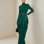 Long Sleeves Buckle Draped High-Neck Evening Dresses Maxi Dresses