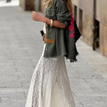 Khaki Green Denim Overshirt with Pink Crochet Mandala