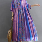 Vintage Side Pocket Striped Floral Printed Midi Dress