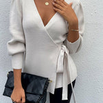 Sexy V Neck Balloon Sleeve Ribbed Wrap Knit Pullover Sweater