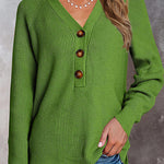 Half Button Raglan Sleeve V Neck Sweater