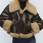 Insulated Faux Leather Jacket with Lapel Collar and Fur Sleeves