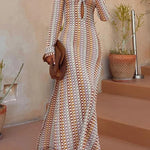 Bondi Beach Knit Colorful Wave Print Long Sleeve Vacation Maxi Dress