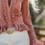 Vintage Fashion Western Pink Suede Ruffle Lapel Shirt