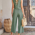 Solid Color Two Piece Outfits Sleeveless Deep V Neck Crop Tank Top with Wide Leg Pants Set with Pockets