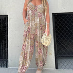 V Neck Street Daily Retro Printed Loose Fit Sleeveless Jumpsuits