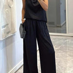 Classic on You Satin High Cowl Neck Top and Elastic Waist Pocket Loose Pants Set