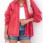Nadorine Cropped Jacket Frayed Hem Button Long Sleeves Casual Loose Solid Color Denim Jacket