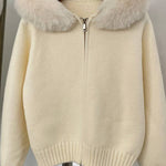 Fur-collar zip-up cardigan