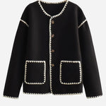 Nadorine Buttoned Crew Neck Loose Color Block Knitted Jacket