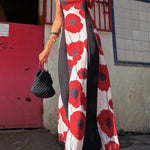 Floral Print Suspenders Paneled Back Pleated Maxi Dress