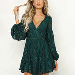 Lace Dress Deep V Floral Long Sleeve Cocktail Swing Dress