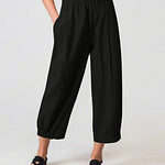 Solid Color Elastic Waist Stitching Straight High Waist Cropped Casual Pants