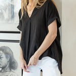 Short Sleeve V-Neck Shirt Button Down Back Irregular Hem T-Shirt Tops