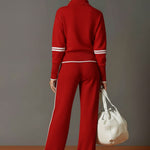Retro Sporty Webbing Grey-white Half-zip Sweatshirt And Wide-leg Pants Set