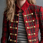 Retro Red Plaid Frog Button Velvet Collar Jacket