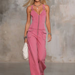 Retro Pink Denim Sleeveless Jumpsuit