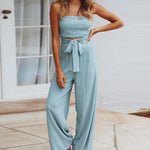 Solid Off Shoulder Bandeau Tube Tops Wide Leg Jumpsuit One Piece Cutout Tie Knot Romper Outfit