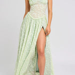 Ulissa Light Green Square Neck Jacquard Textured High Slit Maxi Dress
