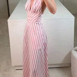 Pink V-neck striped backless dress
