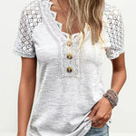 V Neck Lace Ribbed Tops Decoration Button Down T-Shirts Summer Short Sleeve Casual Blouse