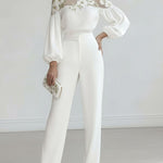 Loose Puff Sleeves Applique Flower Shape Mesh Split-Joint Round-Neck Blouses&Shirts Tops