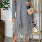 Taylor Knit Turtleneck Zip-up Top and Elastic Waist Tulle Loose Midi Skirt Set