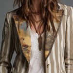 Bohemian Striped Cotton Blazer With Printed Lapels