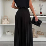 Fashionable Round Neck Shoulder Pads Top and Elastic Waist Pleated Wide-leg Pants Set