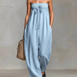 Black Minimalist Loose-fitting Faux Linen-blend Strapless Jumpsuit