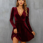 Sexy V Neck Long Sleeve Velvet Mini Dress