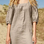 Minimalist style bubble sleeved casual square neck cotton linen dress