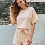 Short Sleeve Jumpsuit Crewneck Self Tie Loose Comfy Elegant Shorts Romper