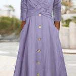 Solid Color Long Sleeve V Neck Cross Button Casual Dress
