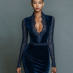 Women's Fashionable And Elegant Dark Blue Velvet Slim-fit V-neck Midi Dress With Lace Trim At The Neckline And Sleeves