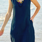 Chun color cotton and linen U-neck sleeveless pocket midi dress