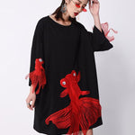 Red Goldfish Embroidered Loose Round Neck T-Shirt Dress