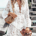 V Neck Lace Dress Hollow Crochet Pool Swim Beach Bikini Cover-ups Mini Dress