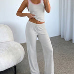 Women's 2 Piece Lace Trim Stripe Lounge Set Sleeveless Tank Top and Wide Leg Pants Set Rib Knit Pajamas Set with Pockets