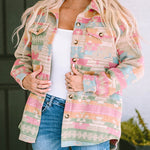 Multicolor Western Aztec Print Button Flap Pocket Shacket