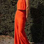 Modern and Elegant Solid Crop Tank and High Rise Flare Loose Pants Set