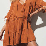 Nadorine Women's Cute Sweet Tie up V Neck Drawstring Short Sleeve Babydoll Dress Loose Tiered Ruffle Swing Tunic Mini Dress