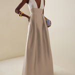 A-Line High Waisted Contrast Color Pleated Zipper Deep V-Neck Maxi Dresses