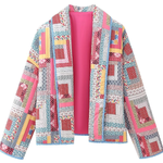 Loose Cardigan Quilted Colorblock Plaid Cotton Jacket