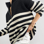 Mock Neck Zip-Up Striped Pullover Sweater