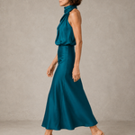 Sabine | Teal Satin Draped Halter-Neck Midi Dress