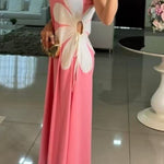 Solid Color Round Neck Floral Maxi Dress